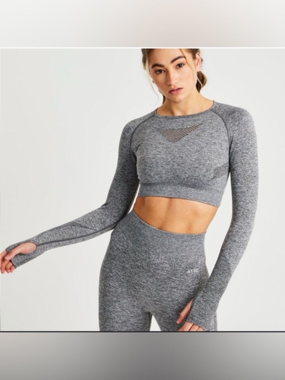 AYBL Heather Gray Seamless Cropped Long-Sleeve Workout Activewear Top Medium